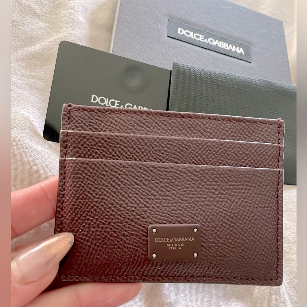 DOLCE & GABBANA Dauphine Leather Cardholder Wallet In Burgundy Men Women New.